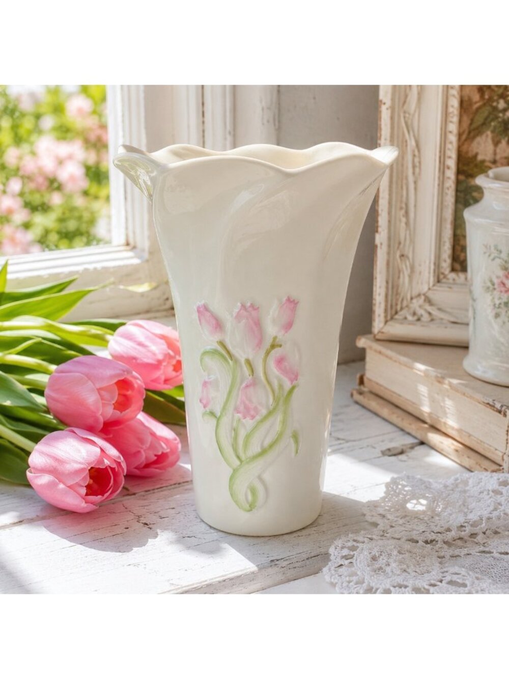 Belleek Ireland 8” Porcelain Floral Vase Pink Tulips Embossed Twisted Rim EUC